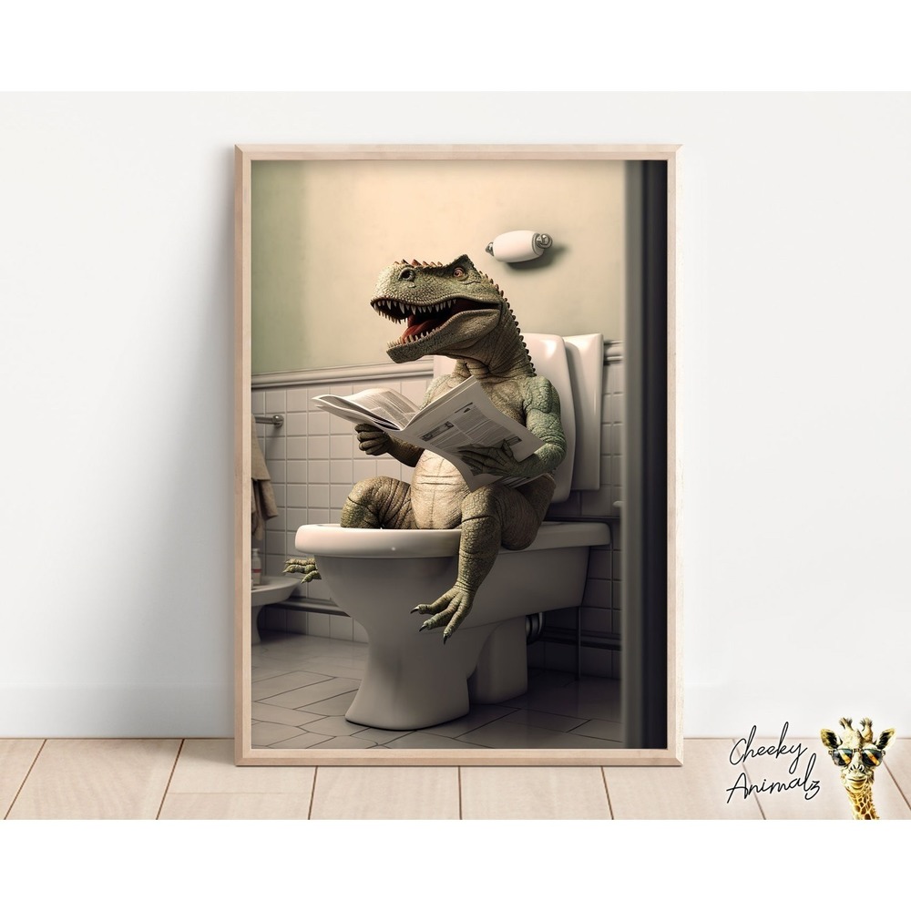 T-Rex Sitting On The Toilet Reading A Newspaper, Funny Bathroom Humor